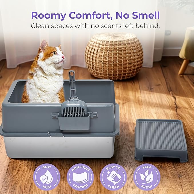 iPrimio Premium Stainless Cat Litter Box for Easy Cleanup - Durable and High Sides Stainless Steel Litter Box with Step Scoop - Mat Elevated for Cats - Scratch and Bite Proof - Dark Grey-Mewly Pet