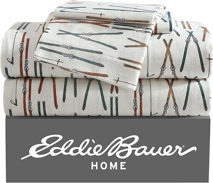 Eddie Bauer - Twin Sheets, Cotton Flannel Bedding Set, Brushed For Extra Softness, Cozy Home Decor (Ski Line White, Twin)