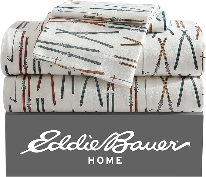 Eddie Bauer - King Sheets, Cotton Flannel Bedding Set, Brushed For Extra Softness, Cozy Home Decor (Ski Line White, King)