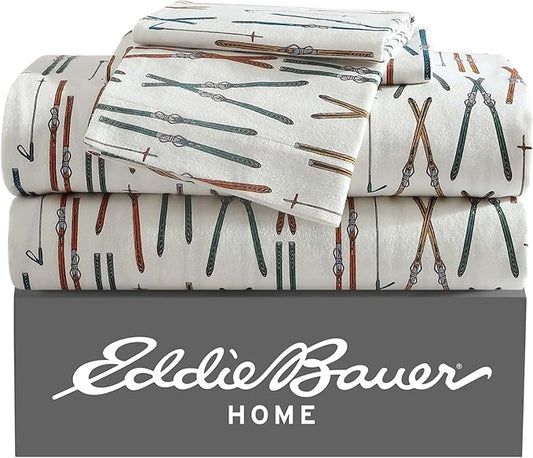 Eddie Bauer - King Sheets, Cotton Flannel Bedding Set, Brushed For Extra Softness, Cozy Home Decor (Ski Line White, King)