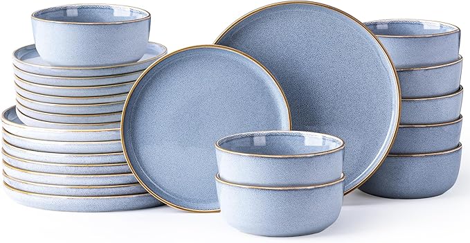 GBHOME Ceramic Dinnerware Sets for 8, 24 Pieces Stoneware Plates and Bowls Sets, Scratch Resistant Dishes, Dishwasher & Microwave Safe, Reactive Glaze-Brunnera Blue-Mewly Pet