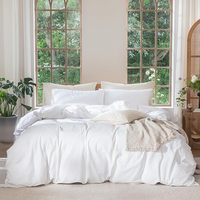 MooMee Bedding Duvet Cover Set 100% Washed Cotton Linen Like Textured Breathable Durable Soft Comfy (Solid Bright White, Twin 68"x90")