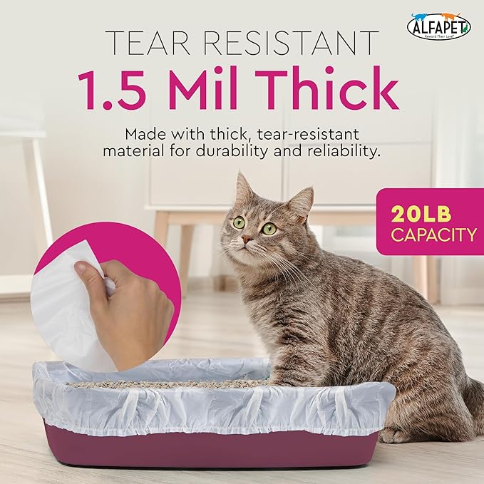 Cat Litter Box Liners Alfapet heavy duty Extra Giant 60 Count - Tear-Resistant Cat Litter Bags - Waterproof Litter Liners - Fits Litter box Pan Sizes XL, Giant, X-Giant, 37" x 18", 20 lb Capacity-Mewly Pet