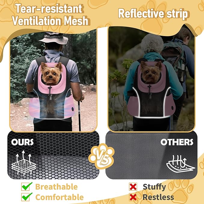 WOYYHO Pet Dog Carrier Backpack Small Dog Front Backpack Ventilated Mesh Dog Travel Back Pack with Safety Belt for Travel Hiking Cycling Outdoor Adventures (Size L: 10-14 lbs, Pink)-Mewly Pet