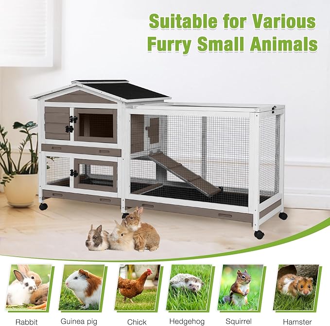 GUTINNEEN Rabbit Cage Indoor Bunny Hutch with Chew-Proof Ramp - 2 Story Guinea Pig Cages Outdoor with 6 Wheels, Leakproof Pull-Out Tray for Rabbits, Guinea Pigs (Brown)-Mewly Pet