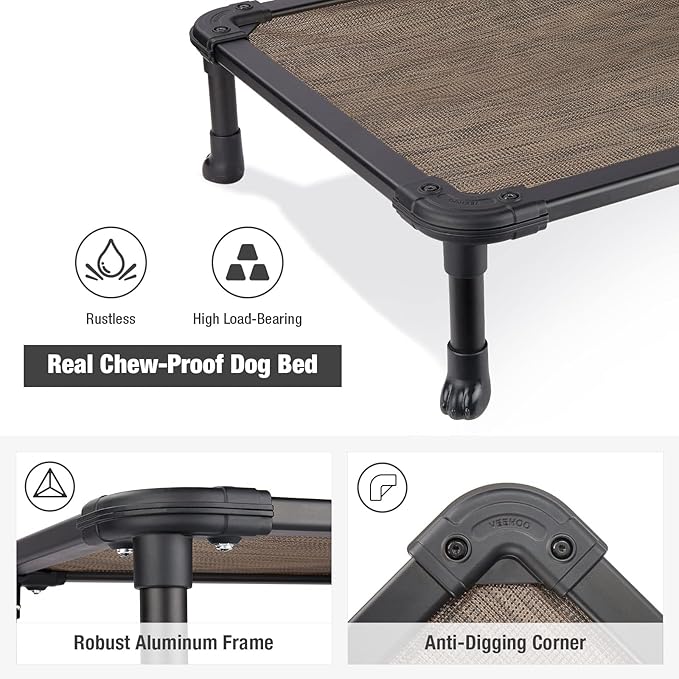 Veehoo Chew Proof Elevated Dog Bed - Cooling Raised Pet Cot - Rustless Aluminum Frame and Durable Textilene Mesh, Unique Designed No-Slip Feet for Indoor or Outdoor Use, Brown, Medium, CWC2002-Mewly Pet