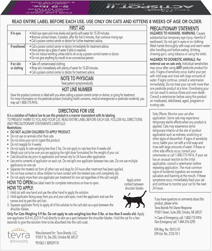 TevraPet Actispot II Flea Treatment for Small and Medium Cats 5-9 lbs | 6 Doses | Powerful Prevention and Control, Clear-Mewly Pet