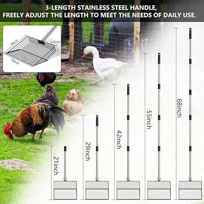 10 Inch Chicken Poop Scooper, Large Metal Chicken Coop Scoop, Chicken Litter Sifting Shovel, Chicken Coop Rake with Retractable Stainless Steel Handle, Chicken Coop Cleaning Tools Accessories-Mewly Pet