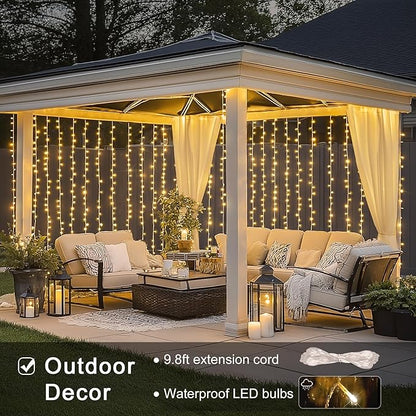 JMEXSUSS 300 LED Remote Control Christmas Curtain Lights, Plug in Fairy Curtain Lights Outdoor, Window Wall Hanging String Lights for Bedroom Backdrop Wedding Party Indoor Patio Xmas Decor, Warm White