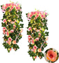 RECUTMS Hanging Flowers Artificial Rose Flower 2PCS 3.3Ft for Outdoors with 30 LED Fairy String Lights Fake Outdoor (Pink)