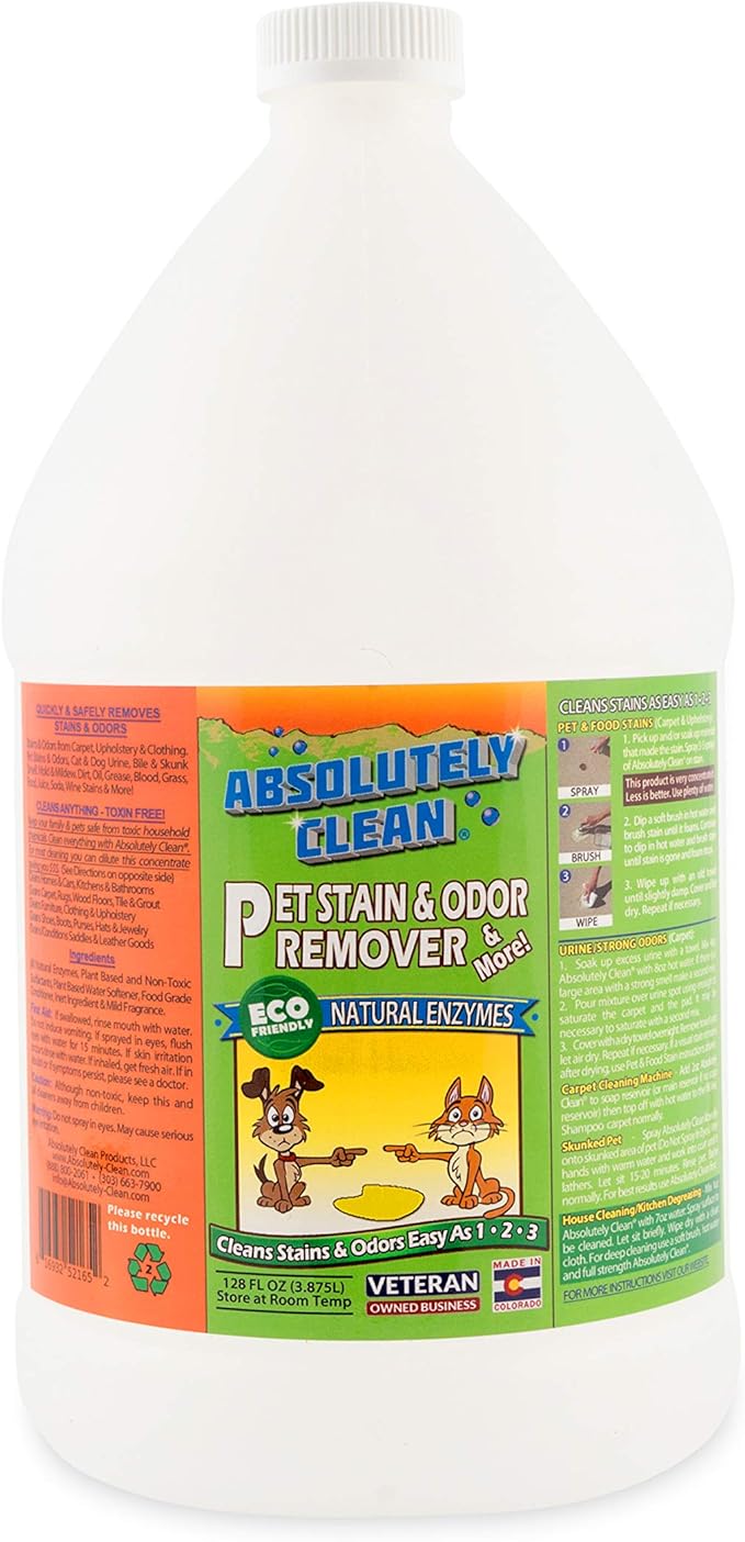 Absolutely Clean Amazing Pet Odor Eliminator for Home, Professional Strength: Natural Enzymes Remove Most Stains in 60 Seconds -Dog/Cat Urine, Vomit, Bile, Feces, Grass, Blood, Drool, More -USA Made-Mewly Pet