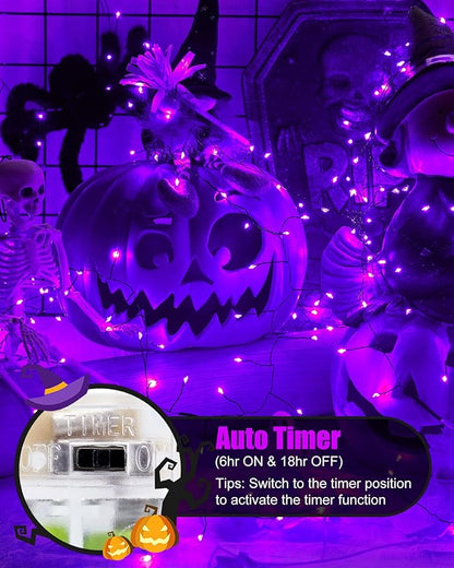 Halloween Fairy Lights Battery Operated, 10 Feet 120LEDs Firecracker String Lights Waterproof Silver Wire Starry Firefly Light for Bedroom Home Haunted House Indoor Outdoor Holiday Decorations, Purple