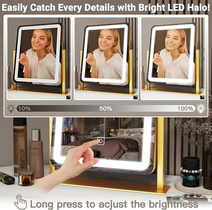 FENNIO Vanity Mirror with Lights - 15"x12.6" LED Lighted Makeup Mirror, Large Makeup Mirror with Lights, Touch Screen with 3-Color Lighting, Dimmable, for Vanity Desk Tabletop, Bedroom Gold