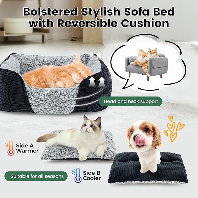 Miguel Washable Dog Bed for Small Dogs, Easy to Wash Cat Sofa Bed with High Sides, Rectangle Bolster Cat Bed Calming Cuddle Puppy Bed with Anti-Slip Bottom, Black 20 Inch-Mewly Pet