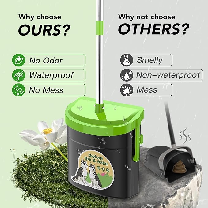 UPSKY Dog Pooper Scooper Swivel Bin & Rake Kit with 100 Waste Bags,33.4" Stainless Steel Long Handle Heavy Duty Pet Poop Shovel for Large Medium Small Dogs, Odor-Proof Lid for Yard/Lawn/Outdoor Use-Mewly Pet