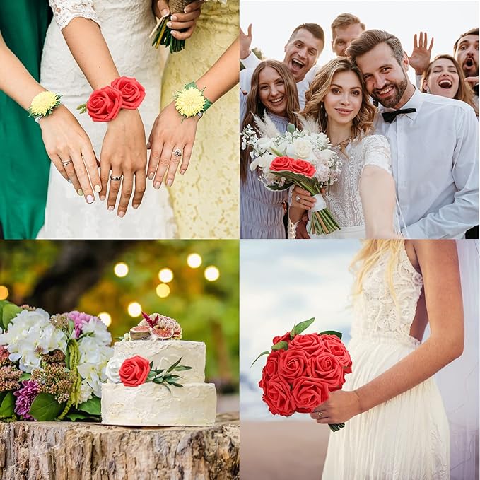 JOYLEX Artificial Flowers Realistic Roses, 25pcs Red Real Looking Fake Roses with Stem for DIY Wedding Bouquets Centerpieces Bridal Shower Party Home Romantic Decorations (25pcs, Red)