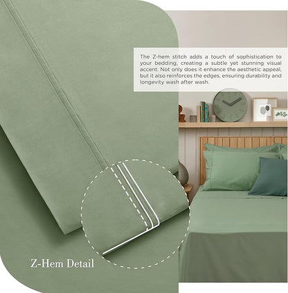 Linen Home 100% Cotton Percale Sheets Full Size, Oil Green, Deep Pocket, 4 Pieces Set - 1 Flat, 1 Deep Pocket Fitted Sheet and 2 Pillowcases, Crisp Cool and Strong Bed Linen