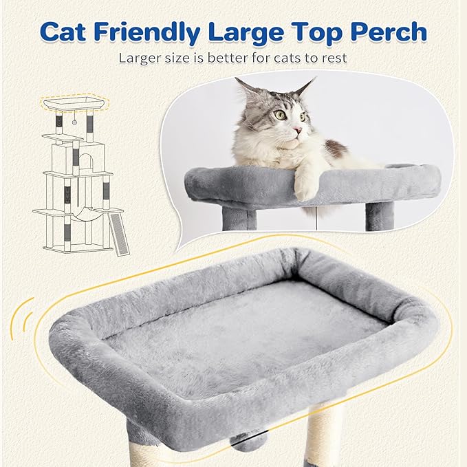 Cat Tree Tower 63in Multi-Level Cat Tower for Indoor Cats with Sisal Scratching Posts, Condo, Hammock, Dangling Ball and Extended Platform for Cats to Play, Light Grey-Mewly Pet