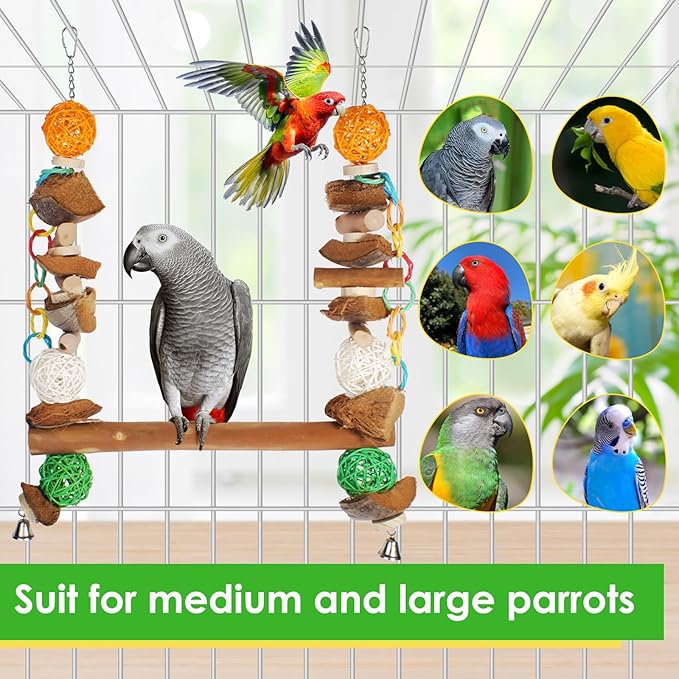 3-in-1 Parrot Toys Natural Coconut Fiber Parrot Hammock (Swing + Perch + Chew Toy) Natural Bird Perches for Medium Large Birds - 23" Bird Toys for Parrots Stand-Mewly Pet