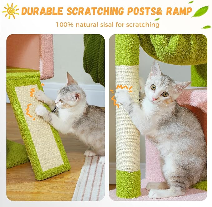 PAWZ Road Large Cat Tree, 41 Inches Multi-Level Cat Tower with 2 Spacious Condos for Large Indoor Cats, Pink Flower Cat House with Comfy Hammock, Padded Perch, Scratching Pad and Replaceable Balls-Mewly Pet