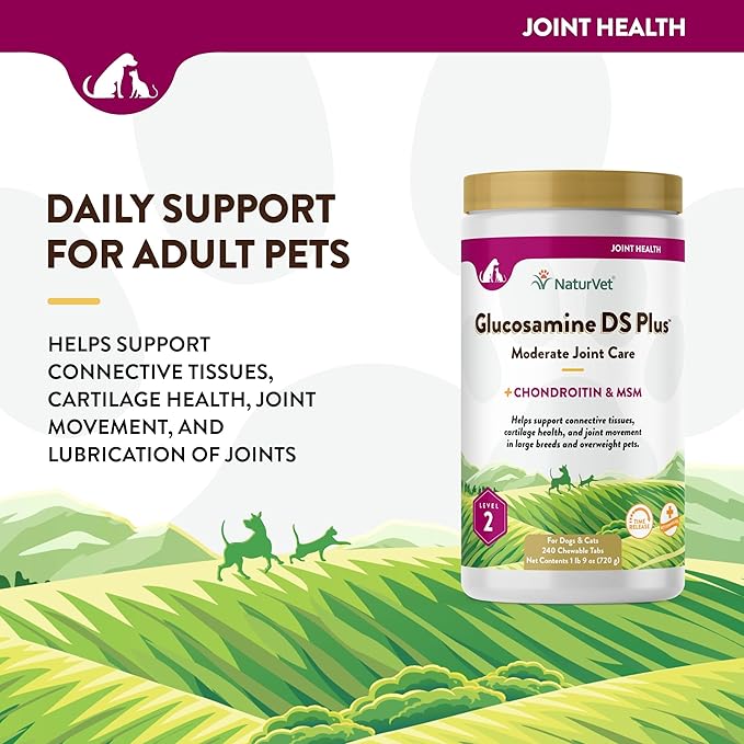 NaturVet Glucosamine DS Plus Level 2 Moderate Care Joint Support Supplement for Dogs and Cats, Chewable Tablets Time Release, Made in The USA, 240 Count-Mewly Pet