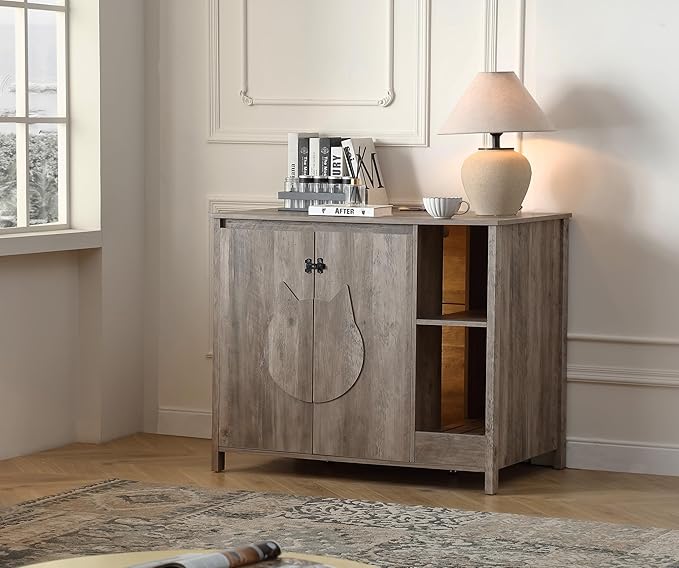 Cat-Faced Doors Cat Litter Robot Enclosure,Automatic Litter Box Enclosure for Litter Robot 3/4,Power Outlet for Litter Robot Cabinet,Litter Collector,Dog-Proof Adjustable Shelf,Grey-Mewly Pet