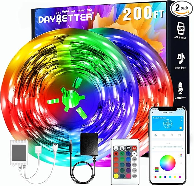 DAYBETTER Led Strip Lights 200 ft(2 Rolls of 100 ft) Smart Strips with App Control Remote, Led Lights for Bedroom, Music Sync Color Changing for Room Home Decor Party Festival