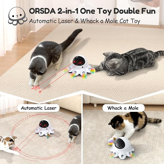 ORSDA Cat Laser Toy, 2-in-1 Interactive Automatic Motion Activated Moving 8 Holes Whack A Mole Feather, USB Rechargeable Electronic Smart Sensor Kitten Toys for Indoor Exercise-Mewly Pet