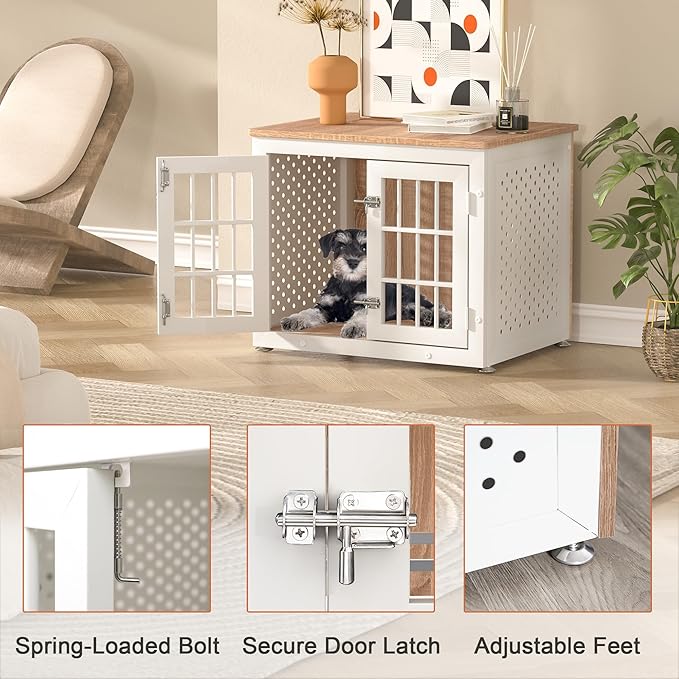 26" Heavy Duty Dog Crate Furniture for Small Dogs, Metal Kennel for High Anxiety Dogs, Chew Proof Pet Cage Indoor, Decorative Dog Kennel End Table,White-Mewly Pet