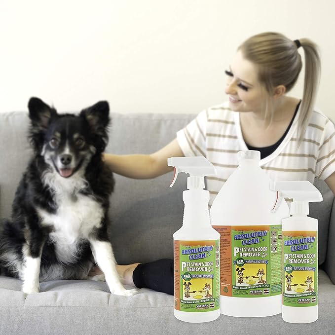 Absolutely Clean Amazing Pet Odor Eliminator for Home, Professional Strength: Natural Enzymes Remove Most Stains in 60 Seconds -Dog/Cat Urine, Vomit, Bile, Feces, Grass, Blood, Drool, More -USA Made-Mewly Pet