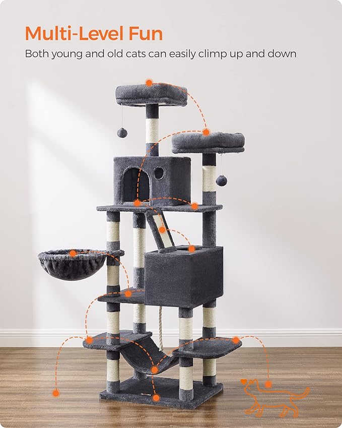 Feandrea Cat Tree, 66.1-Inch Large Cat Tower with 13 Scratching Posts, 2 Perches, 2 Caves, Basket, Hammock, Pompoms, Multi-Level Plush Cat Condo for Indoor Cats, Smoky Gray UPCT165G01-Mewly Pet
