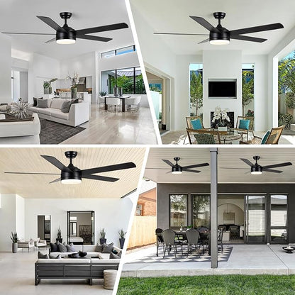 YUHAO 60 Inch Black Ceiling Fan with Light and Remote Control.Noiseless,Dimmable,3CCT,6 Speeds Reversible, DC Ceiling Fans for Indoor or Covered Outdoor