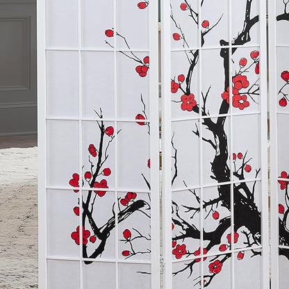 Roundhill Furniture White Japanese 4-Panel Screen Room Divider, Plum Blossom
