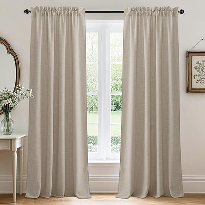 RYB HOME Natural Beige Linen Sheer Curtains 72 inches Long for Kitchen/Bedroom, Weave Textured/Rod Pocket, Light Filtering Sheer Curtains and Drapes, W 52 x L 72 inches, 2 Panels Set