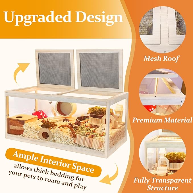 Prolee Hamster Habitat Chewproof,Wooden Hamster Cage with Openable Metal Mesh Top,Gerbil Cage with Lock Design for Hamster House (32"x16"x16")-Mewly Pet