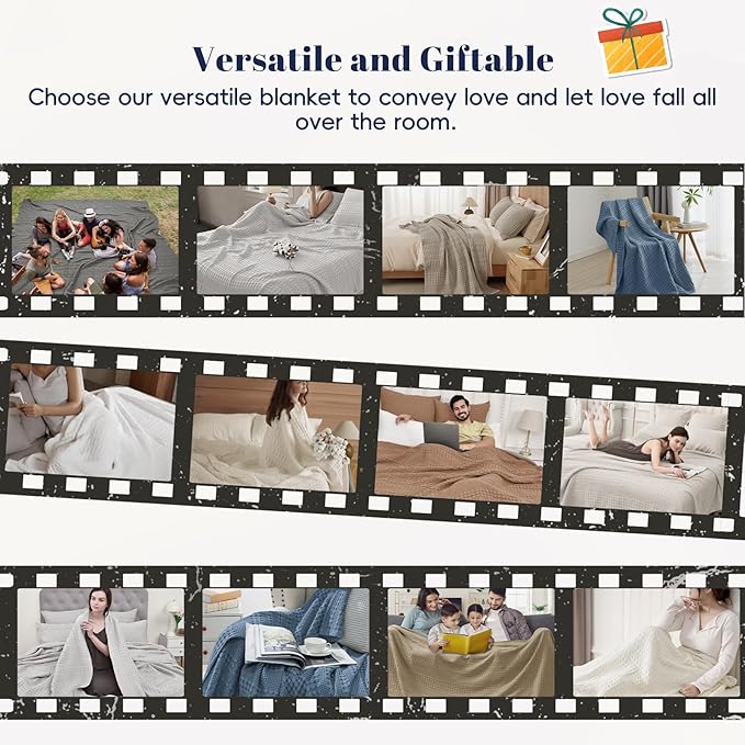 PHF 100% Cotton Waffle Weave Blanket Queen Size for Bed, Soft Lightweight & Breathable, All-Season Comfort, Luxury Aesthetic Woven Bedding for Home Decor, 90"x90", Sky Blue
