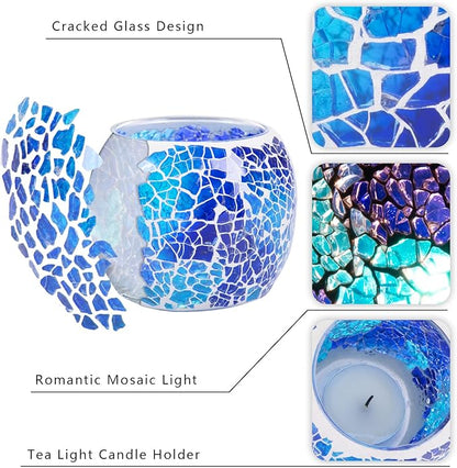 Scented Candle Holder Mosaic Glass Tea Light Holder,Handmade Romantic Glass Tealight Candle Holder for Aromatherapy,Party Décor(NO Candles),Also Used as Vase,Pen Holder,Potted Plants Bowl (Blue)