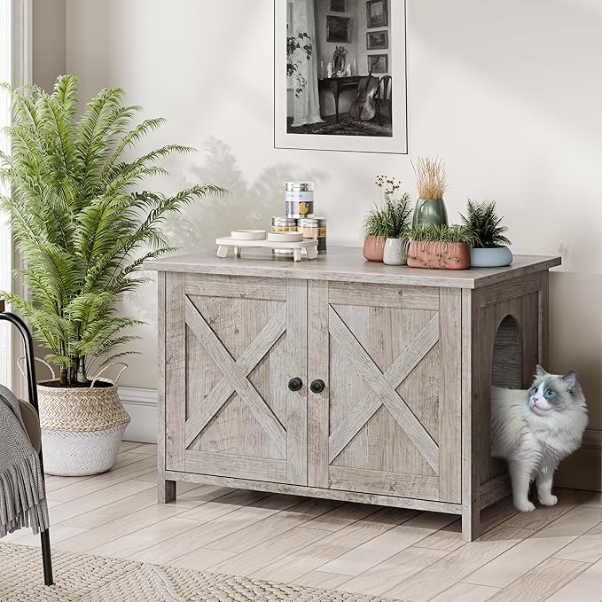 JY QAQA Cat Litter Box Enclosure,Litter Box Furniture Hidden with Barn Door,Wooden Washroom Furniture,Cat House,Fit Most of Litter Box-Mewly Pet