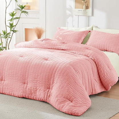 HYMOKEGE Pink/Ivory Queen Comforter Set Seersucker 7 Pieces, All Season Luxury Bed in a Bag Queen for Bedroom, Bedding Set with Comforter, Sheets, Pillowcases & Shams