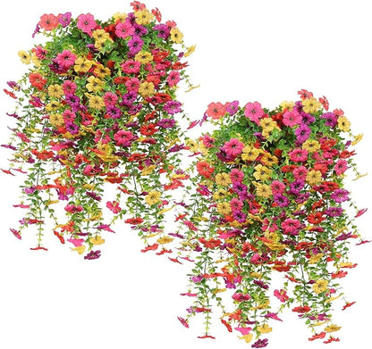 12 Pcs Artificial Hanging Mums Flowers Outdoor, Fake Hanging Spring Plants for Outdoor Planter Patio Front Door Window Box Decoration (12, Red, Purple, Rose Red, Yellow)