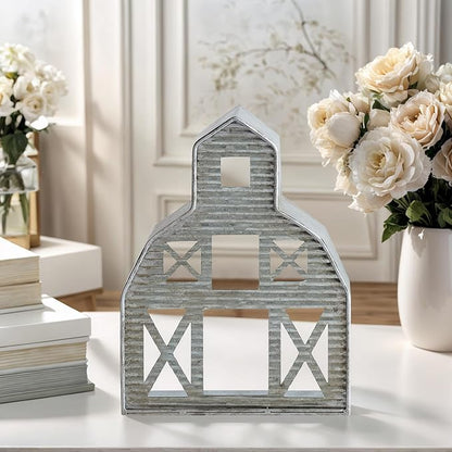 Barn Shaped Tea Light Holder Farmhouse Galvanized Metal Candle Holder Vintage Barn Decor for Table Centerpiece - 6.3" x 1.97" x 8.46"