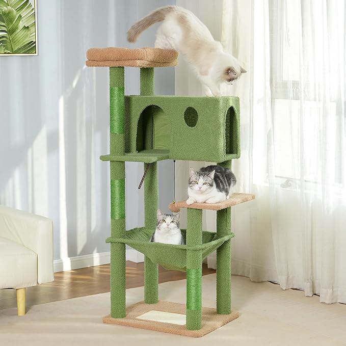 54” Cat Tree for Large Cats Big Cat Tower with Enlarged Hammock 21.6x17.7” Spacious Cats Condo House, Roomy Top Bed,Multiple Scratch Posts and Pad for Indoor Adult Cats (Green, Large-54)-Mewly Pet