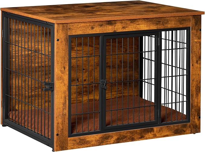 Bigrab Dog Crate Furniture with Thick Cushion, Side End Table Wooden Dog Cage with Double Doors, Chew-Resistant Dog Kennel Dog House Indoor for Small to Large Dog, M-Mewly Pet