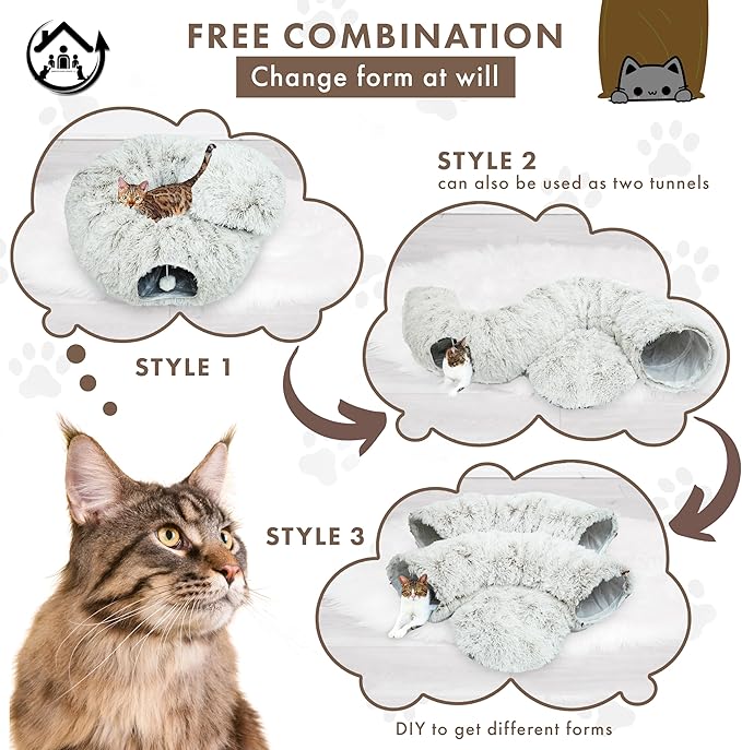 Large Cat Tunnel Bed for Indoor Cats Warm Fluffy Plush Cat Cave Tunnel Bed Collapsible, Washable, 3 Way and Multifunctional with Dangling Balls for Cats, Kittens and Rabbits- Brown-Mewly Pet