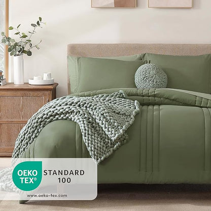 Monbix Queen Comforter Set - 7 Pieces Light Sage Green Bed in a Bag Queen Bedding Sets with Comforters, All Seasons Down Alternative Comforter Bed Set with Sheets, Pillowcases & Shams