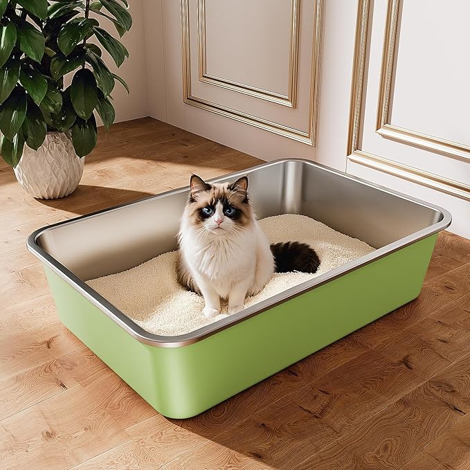 Stainless Steel Litter Box, Large Metal Cat Litter Box with High Sided for Big and Small Cats, Non-Stick, Easy to Clean, Odor-Free, 23.4" L×15.6" W×5.9" H, Leaf Green-Mewly Pet