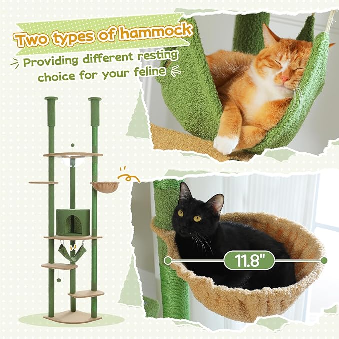 PEQULTI Floor to Ceiling Cat Tree 92.9’’-101.6’’ Height Adjustable Cat Tower Tall Kitty Climbing Play House with Scratching Posts, Cozy Condo, Perches and Large Hammock for Indoor Cats Green-Mewly Pet