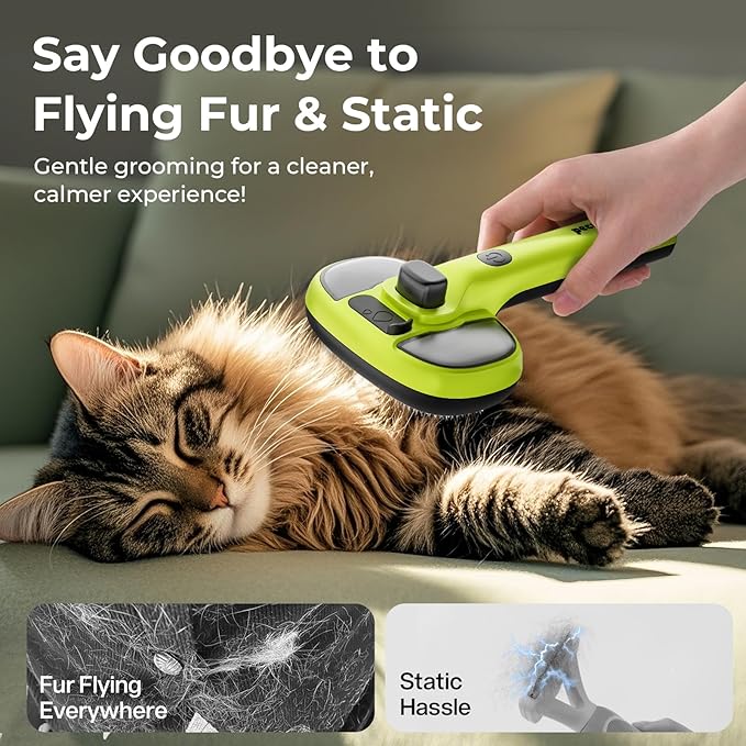 Pecute Cat Steam Brush, Self-Cleaning Steam Cat Brush with 2 Water Spray Modes, Large Capacity Tank, Steaming Renu Dog Brush for Shedding Massaging Grooming, Cool Mist Only-Mewly Pet