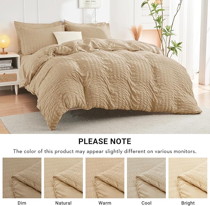 HYMOKEGE Khaki California King Comforter Set Seersucker 7 Pieces, All Season Luxury Bed in a Bag for Bedroom, Bedding Set with Comforter, Sheets, Pillowcases & Shams