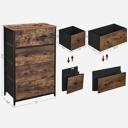 SONGMICS Drawer Dresser, Storage Dresser Tower with 5 Fabric Drawers, Wooden Front and Top, Industrial Style Dresser Unit, for Living Room, Hallway, Nursery, Brown and Black ULGS45H